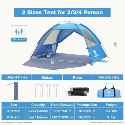CAMEL CROWN Beach Tent UPF 50+ Sun Shelter for 2/3/5/6 Person, Lightweight Portable Sun Shade with Sand Anchor, Family Beach Day & Outdoor Adventures