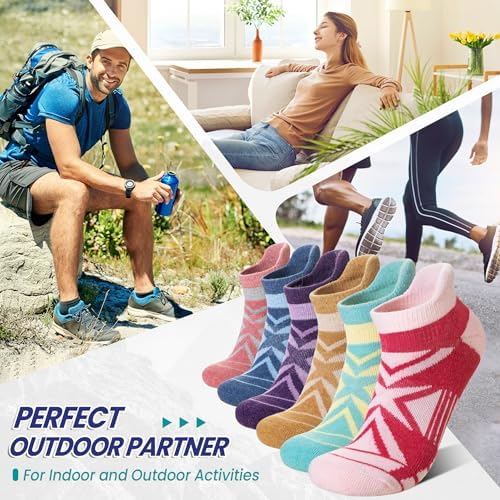 Eyean Merino Wool Ankle Running Socks Men Women Hiking Thick Half Cushioned Support No Show Socks 6 Pairs