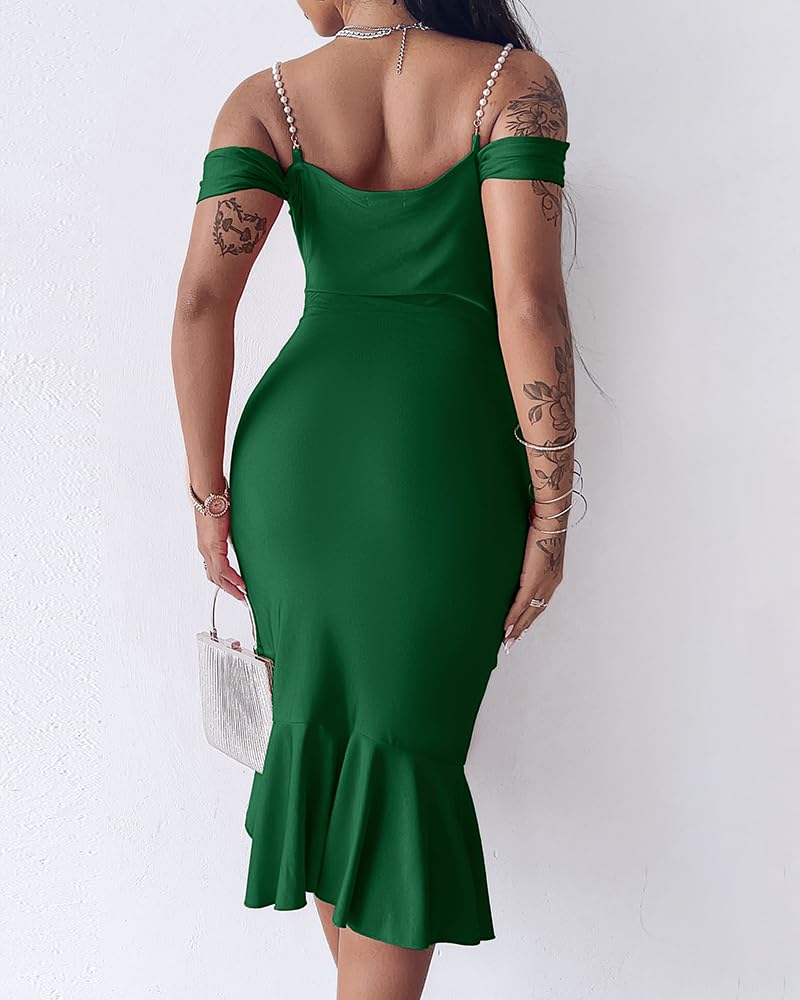 CHICME Women's Cold Shoulder Green Bodycon Midi Dresses Ruffle Hem Cocktail Christmas Party Green Dress-M
