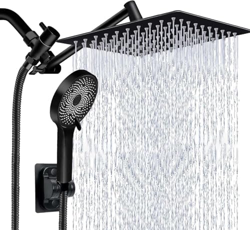 Shower Head,10 Inch High Pressure Rain Shower Head with Handheld Spray Combo, Adjustable Dual Rainfall Shower Head - Showerhead Comb Set with Extension Arm - 60 Inch Long Shower Hose（Black）