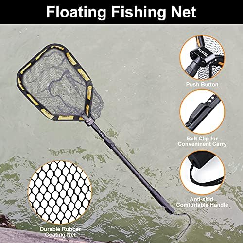 PLUSINNO Floating Fishing Net for Steelhead, Salmon, Fly, Kayak, Catfish, Bass, Trout Fishing, Rubber Coated Landing Net for Easy Catch & Release, Compact & Foldable for Easy Transportation & Storage