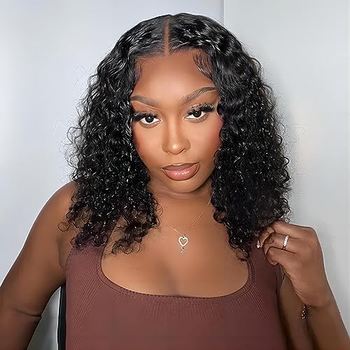 ISEE Hair Wear and Go Glueless Wigs Bob Wigs Human Hair Pre Plucked Water Wave Lace Front Wigs Human Hair Upgraded No Glue Transparent Lace Closure Wigs Human Hair for Women Natural Black 14 Inch