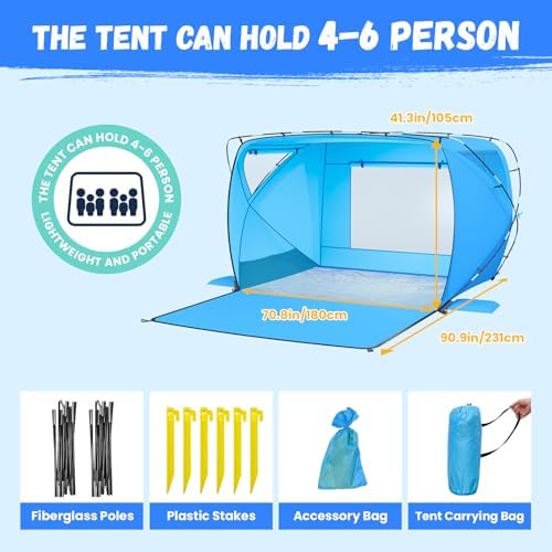 Beach Tent Sun Shelter,4-6 Person Beach Shade Tent, Easy Setup UPF 50+ UV Protection Portable Lightweight Beach Cabana Sun Shade Shelter