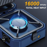 Upgraded WINKIZA 2 Burner Propane Camping Stove with Grill, Foldable Camp Stove with 16,000 BTU, Two Adjustable Burners with Piezo Ignition & Easy Carrying Handle, Portable Stove for Camping, BBQ