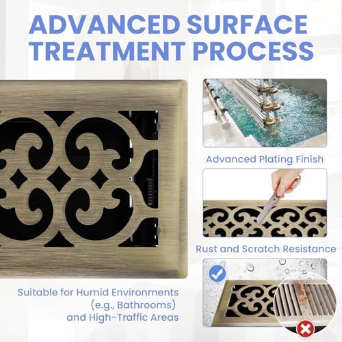 4x10 Inches Heavy Duty Walkable Floor Register Easy Adjust Air Supply Lever Floor Vents - Charlotte Design - Vent Cover for Home Floor - Antique Brass