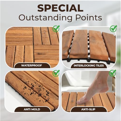 Pack of 10 Deck Tiles - 12"x12" Interlocking Natural Solid Acacia Wood for Outdoor & Indoor, Patio Garden, Balcony, Poolside - Teak Color