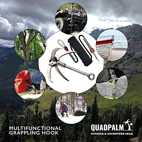 Grappling Hook with 10m Rope – Multifunctional QUADPALM Grapple Hook - 4 Stainless Steel Folding Claws - Heavy Duty - Outdoor Camping Hiking Tree Rock Mountain Climbing Equipment
