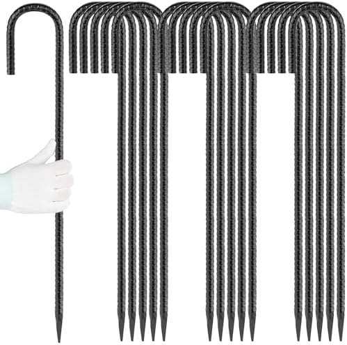 24 inches J Hook Rebar Stakes (16-Pack), Extra Long Garden Stakes with Chisel Point End Steel Rebar Ground Stakes for Tent Chain Link Fence and Outdoor Decorations Black Coated