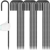 24 inches J Hook Rebar Stakes (16-Pack), Extra Long Garden Stakes with Chisel Point End Steel Rebar Ground Stakes for Tent Chain Link Fence and Outdoor Decorations Black Coated