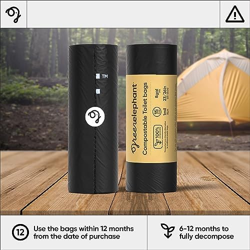 Green Elephant Portable Camping Toilet Bags – Compostable Potty Bags for Portable Toilet, Wag Bag Human Waste Kit, Fits 5-Gallon Buckets, Biodegradable Outdoor Waste Solution, 15 Count, 8 Gal