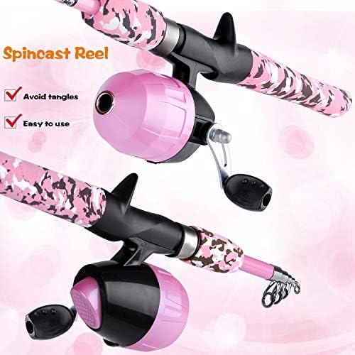 ODDSPRO Kids Fishing Pole Pink, Portable Telescopic Fishing Rod and Reel Combo Kit - with Spincast Fishing Reel Tackle Box for Girls, Youth