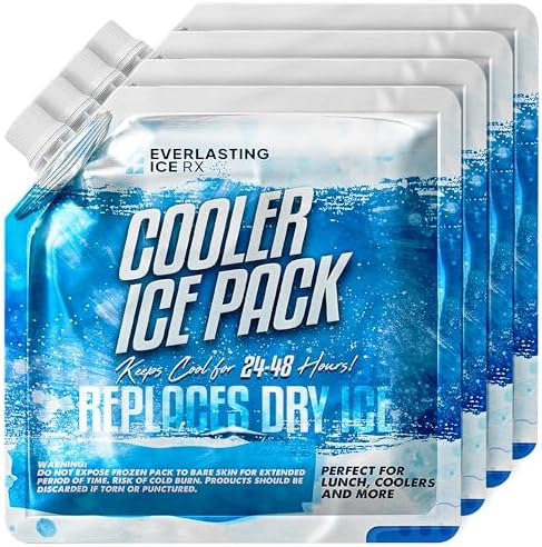 Everlasting Ice RX Reusable Ice Packs for Cooler (4 Pack) Up to 48 Hours Freezer Packs for Coolers and Lunch Boxes | 10 x 10 in | Cooler Ice Packs for Camping, Fishing, Beach, Road Trips