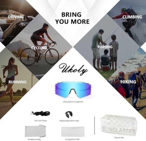 Ukoly Cycling Sunglasses for Men Women with 3 Interchangeable Lenses, Polarized Sports Sunglasses, Baseball Sunglasses