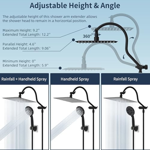 Hibbent All Metal High Pressure Rainfall 10 Inch Shower Head/Handheld Showerhead Combo/ 12 Inch Adjustable Curved Shower Extension Arm, 7-Spray, 71-inch Hose, Adhesive Showerhead Holder, Matte Black