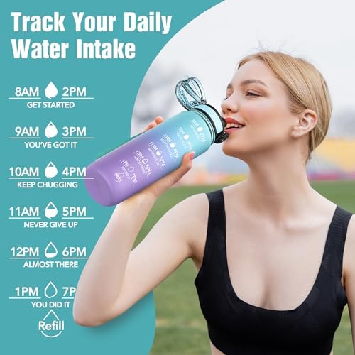 OLDLEY Water Bottle, 32oz Motivational Sports Water Bottle with Time Marker - Times to Drink - Tritan, BPA Free, Wide Mouth Leakproof, Glacier (1 Bottle)