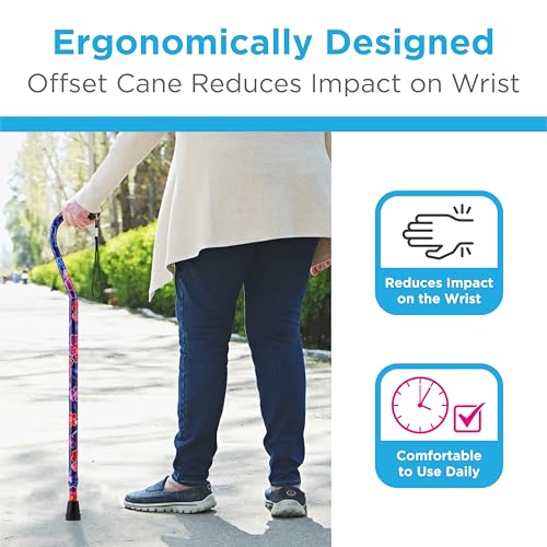 Designer Walking Cane with Offset Handle, Lightweight Adjustable Walking Stick with Carrying Strap, “Maui Flowers Design