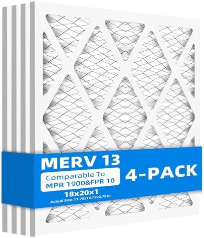 (4 Pack) 18x20x1 Furnace Air Filters, MPR 1900 & FPR 10, MERV 13 Pleated Air Filter (Actual Size: 17.75" x 19.75" x 0.75")