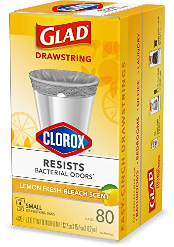 Glad Small Trash Bags 4 Gallon, Lemon Fresh Bleach Garbage Bags, Odor Resistant with Drawstring, 80 Count