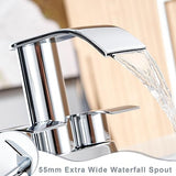Ultimate Unicorn waterfall faucet chrome for bathroom sink, wide mouth spout with two handles waterfall, sink vanity faucet, single hole or 3 basin lavatory mode (DJS-MP-SB-PB-C)
