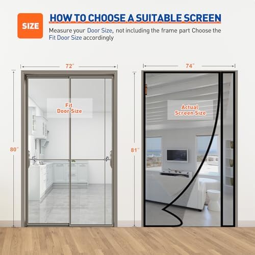 MAGZO Magnetic Screen Door Side Opening, Fits Door Size 72 x 80 Inch, Actual Mesh Size 74" x 81", Fiberglass Net Screen with Strong Magnet for Doorway, Gray