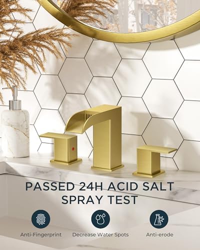 FORIOUS Square Brushed Gold Bathroom Faucets 3 Hole, Waterfall 8 Inch Widespread Bathroom Sink Faucet with Metal Pop-up Drain and Supply Lines, Two Handles for Vanity, Lavatory, Restroom