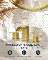 FORIOUS Square Brushed Gold Bathroom Faucets 3 Hole, Waterfall 8 Inch Widespread Bathroom Sink Faucet with Metal Pop-up Drain and Supply Lines, Two Handles for Vanity, Lavatory, Restroom