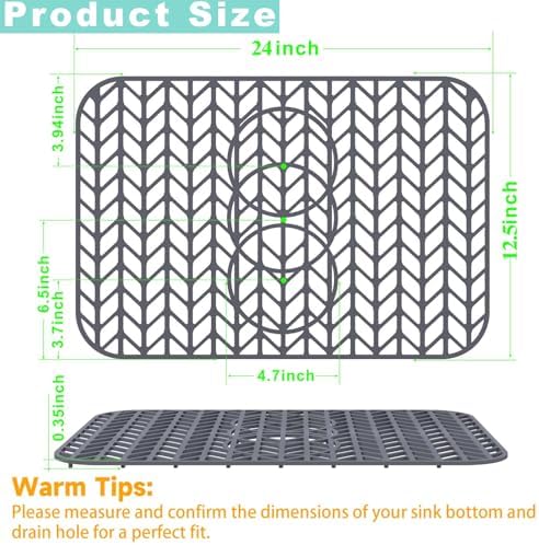 AWOKE Sink Protectors for Kitchen Sink - 24"x 12.5" Sink Mat - Heat resistant Easy-clean Silicone Sink Mat - for Protection of Stainless Steel Sink - with 3 Reserved Holes (Grey)