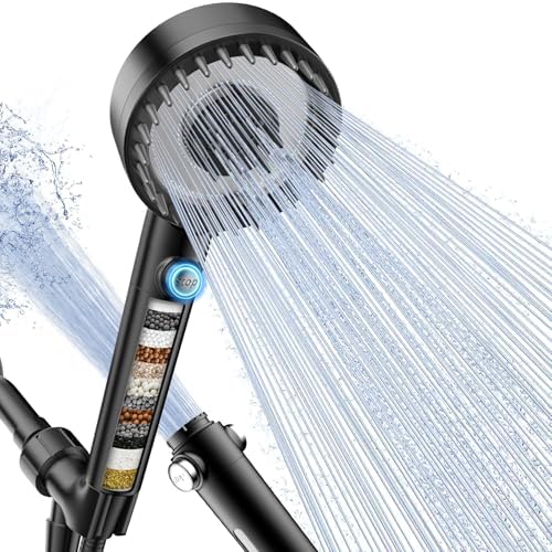 Filtered Shower Head with Handheld, High Pressure 4 Spray Mode Showerhead with Filters, Water Softener Filter Beads for Hard Water with ON/OFF Switch for Pets Bath-Remove Chlorine (Matte Black)