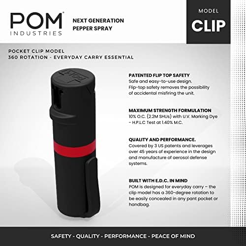 POM Pepper Spray Pocket Clip, Quick Flip Top Safety, Maximum Strength OC Formula with UV Marking Dye, Safe Compact and Tactical Design for Everyday Carry, 25 Bursts, 10 ft Range, 0.5 fl oz