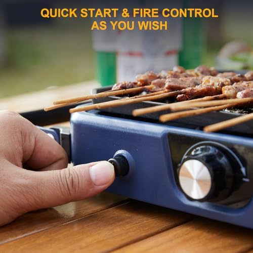 Upgraded WINKIZA 2 Burner Propane Camping Stove with Grill, Foldable Camp Stove with 16,000 BTU, Two Adjustable Burners with Piezo Ignition & Easy Carrying Handle, Portable Stove for Camping, BBQ