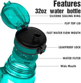 OLDLEY Water Bottle, 32oz Motivational Sports Water Bottle with Time Marker - Times to Drink - Tritan, BPA Free, Wide Mouth Leakproof, Deep Sea (1 Bottle)