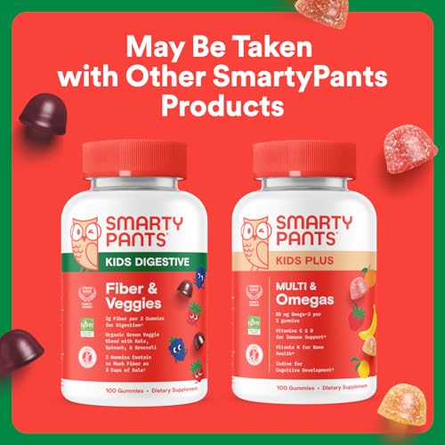 SmartyPants Kids Fiber & Veggies: Prebiotic Fiber Gummies for Kids, Fiber Supplement with Inulin, Organic Green Veggie Blend, Vegan, Gluten Free, Mixed Berry Flavor, 60 Count (30 Day Supply)