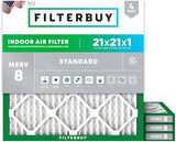 Filterbuy 21x21x1 Air Filter MERV 8 Dust Defense (4-Pack), Pleated HVAC AC Furnace Air Filters Replacement (Actual Size: 20.88 x 20.88 x 0.75 Inches)