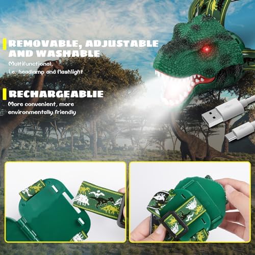 Dysaim Kids Headlamp,Rechargeable T-Rex Dinosaur Headlamp for Kids and LED Head Lamp Camping Gear Flashlight,Hiking Accessories Headlight Toys,Four Light Modes Suitable for Reading/Party Gift