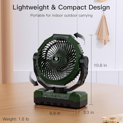 FRIZCOL 3-in-1 Camping Fan - Portable Fans Rechargeable - 12000mAh 9-Inch Battery Powered Fan(70Hrs) with Light & Remote for Indoor, Outdoor, Tent, Travel, BBQ, Fishing, Jobsite - Green