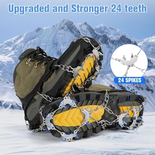 24 Spikes Crampons for Shoes, Anti Slip Ice Cleats for Shoes and Boots, Traction Ice Snow Grip with Stainless Steel Spikes and Silicone Men Women for Hiking, Walking, Climbing, Jogging,Fishing