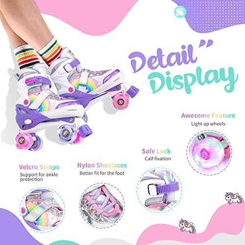SULIFEEL Rainbow Unicorn 4 Size Adjustable Light up Roller Skates for Girls Boys for Kids