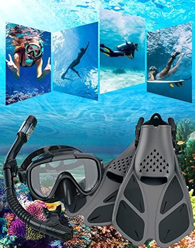 Snorkeling Gear for Adults Men Women,4 in 1 Snorkel Set with Panoramic View Diving Mask Anti-Fog Anti-Leak,Dry Top Snorkel,Fins and Travel Bag for Swimming,Snorkeling and Travel Diving