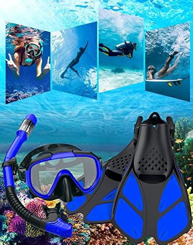 Snorkeling Gear for Adults Men Women,4 in 1 Snorkel Set with Panoramic View Diving Mask Anti-Fog Anti-Leak,Dry Top Snorkel,Fins and Travel Bag for Swimming,Snorkeling and Travel Diving