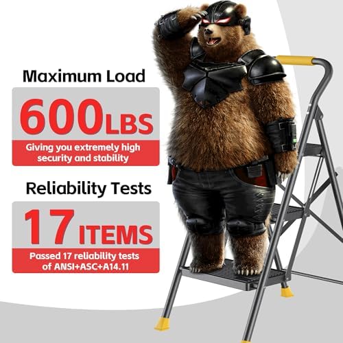Step Ladder Foldable Folding Stool - for Home Adults Kitchen 3 Stepping Extension Tall Heavy Duty with Handrails - Closet Stepstool Stair Ladders Extendable Stepladder for Indoor House 600Lbs