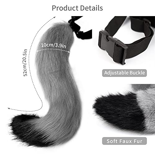 HAOAN Wolf Fox Tail Clip Ears and Gloves Set Halloween Christmas Fancy Party Costume for Women and Man Gray