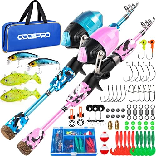 ODDSPRO Kids Fishing Pole Pink, Portable Telescopic Fishing Rod and Reel Combo Kit - with Spincast Fishing Reel Tackle Box for Girls, Youth