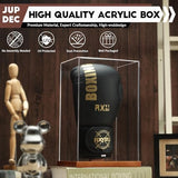JupDec Boxing Glove Display Case, Clear Acrylic Showcase with Wood Base & Plank for Single Glove, Full Size UV Protection Souvenirs and Collectibles Box, Ideal Gift for Boxing Fans