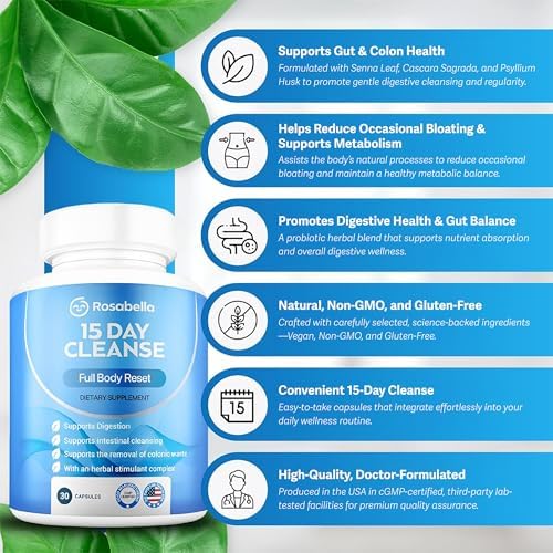Rosabella 15 Day Cleanse – Full Body Detox & Colon Cleanse for Men & Women – Gut Cleanse Detox Pills for Digestive Health & Bloating Relief – Doctor-Formulated, Non-GMO, 30 Vegan Capsules