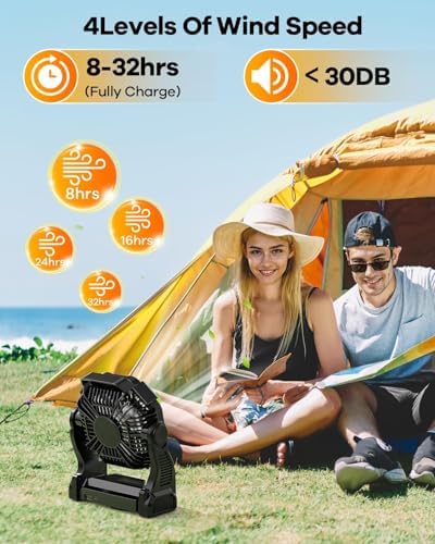 20000mAh Rechargeable Camping Fan with LED Lantern,Portable Battery Powered Outdoor Fan for Bedroom,Camping,Travel,Hiking,Beach,Office,Trave Accessories(Black)