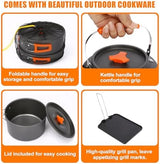 Portable 2 Burner Camping Stove Set with Cookware, Outdoor Cooking Kit Includes Outdoor Folding Gas Stove, Frying Pan, Griddle, Kettle, Pot, and Carry Bag, For Propane & Butane, 20,000 BTU/h