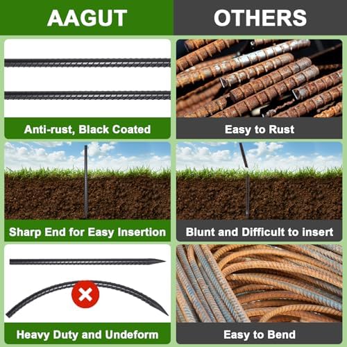 AAGUT 16 Inch Rebar Stakes Heavy Duty 16 Pack 3/8’’ Diameter Landscape Timber Spikes, Straight Stakes with Chisel Point End, Ground Anchors for Camping Tent, Garden Plant Support, Concrete, Black