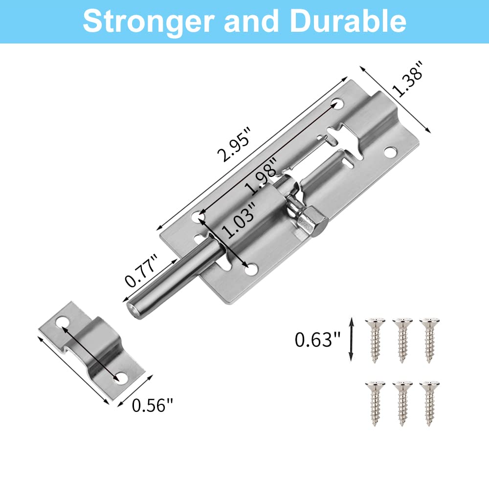 FATLODA 8 Pack Barrel Bolt Latch, Slide Bolt Latch 3 Inches Slide Latch Lock, Thickened Stainless Steel Sliding Lock for Door, Brushed Finish Sliding Bolt Lock, Sliding Bolt Latch with 48PCS Screws