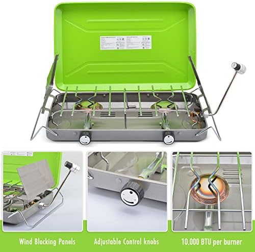 Flame King VT-101 2-Burner Portable Camping Stove Grill, Great for Outdoor Cooking, Backpacking, Compatible with 1LB Propane Gas Bottle