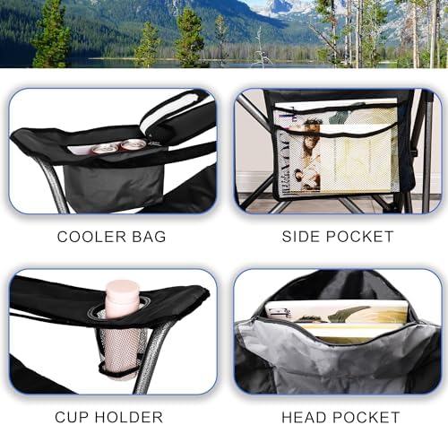 Fully Padded Camping Chair, Oversized Heavy Duty Lawn Chair with Cooler Bag,Side Pocket,Cup Holder Support 400 lbs
